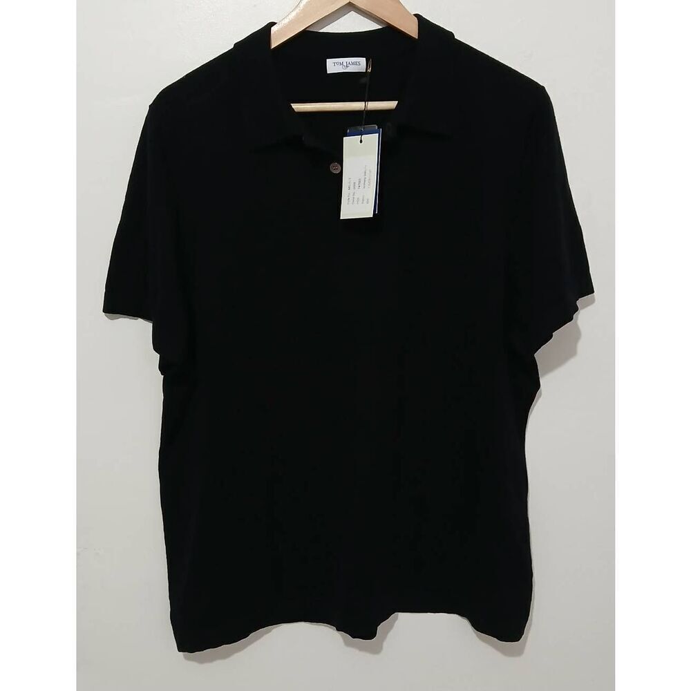 Tom james mens large 100% fine merino wool polo lightweight sweater black